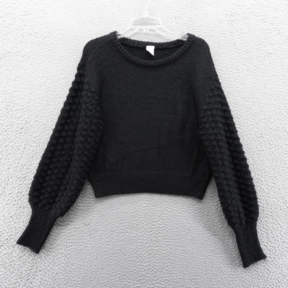 Melrose and Market Womens Black Popcorn Puff Sleeve Crewneck Sweater XS NEW